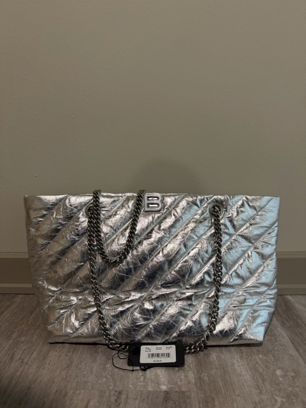 Balenciaga Metallic Silver Quilted Chain Tote Bag